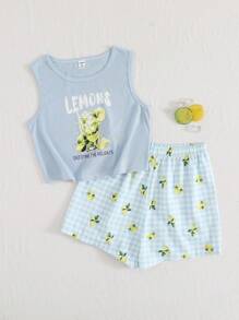 少女简约柠檬格子印花吊带背心和短裤休闲套装 返校时尚 - 彩色 - 查看 1