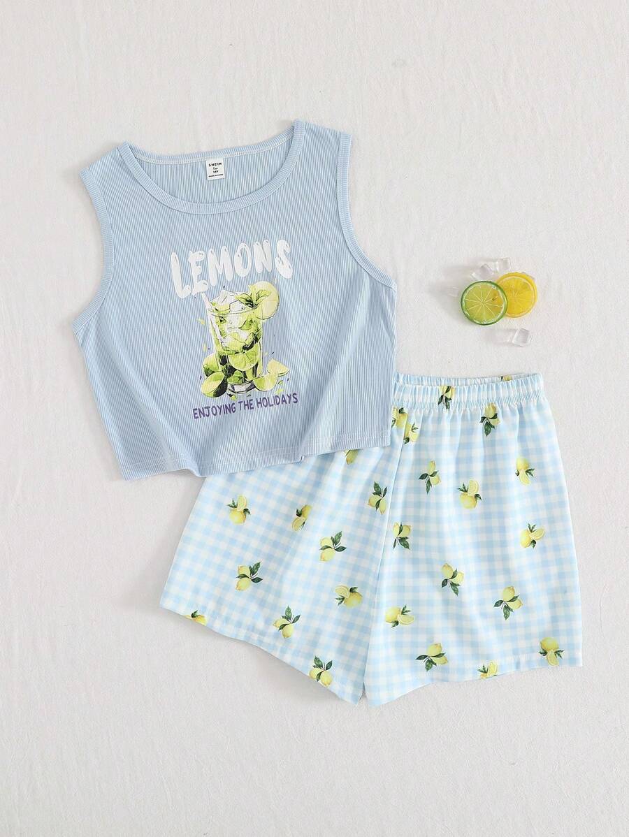少女简约柠檬格子印花吊带背心和短裤休闲套装 返校时尚 - 彩色 - 查看 1