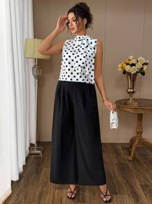 SHEIN Clasi Plate-Size Women's Vacation And Leisure Polka Dot Summer Two Pieces Set - Black and White - View 3
