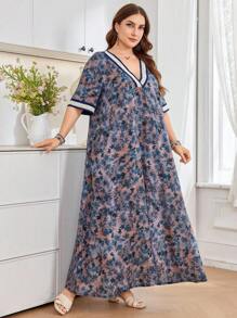 Al Najma Casual Allover Print V-Neck Short Sleeve Loose Regular Dress For Plus Size Women, Spring/Summer - Multicolor - View 5