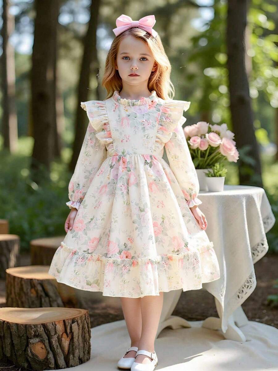 Elladie kids 年轻女孩春季玫瑰印花无袖花卉泡泡裙连衣裙，后拉链开合，百搭可爱的公主裙，适合日常休闲穿着