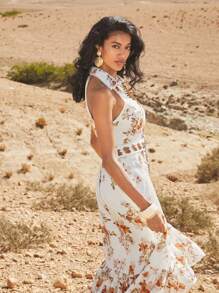 Anewsta Vestido de mujer elegante y romántico con volantes en el bajo, sin mangas, con estampado floral, para vacaciones/citas, atuendo casual para primavera/verano, ideal para festivales y vacaciones