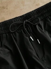 Manfinity VCAY Pantalones negros de verano para hombres con cordón, cintura elástica ajustable - Negro - Ver 4