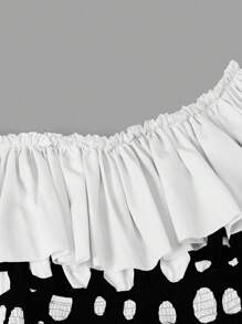 Sweetra 大码可爱迷人的蘑菇印花露肩迷你连衣裙 - 黑與白 - 查看 4