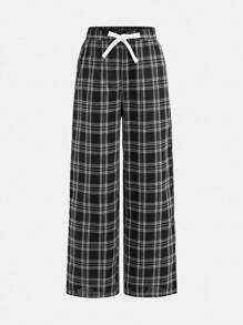 SHEIN Girlism 青少年女孩休闲简约格子抽绳宽松阔腿裤，适合日常休闲穿着，返校，返校服装女孩 - 黑與白 - 查看 4