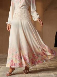 Anewsta 女装春夏时尚定位印花蕾丝拼接杏色半裙 - 杏色 - 查看 5