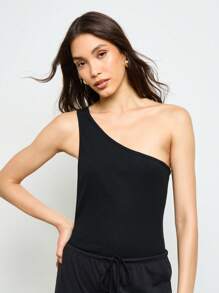 AiiRZ Sophisticated One Shoulder Bodysuit With Gold Ring Detail Ribbed Evening Party Club Festival Occasion Backless Contemporary Design - Black - View 2