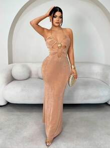 SHEIN SXY 女式修身吊带链条镂空性感加长连衣裙 - 杏色 - 查看 4