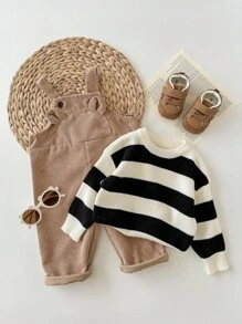 SHEIN 男宝宝百搭黑/白条纹圆领宽松毛衣，休闲运动/街头风格，韩版/日系时尚