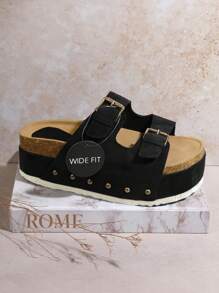 SHUZIA 女士宽版露趾双扣软木鞋床拖鞋凉鞋 女士黑色绒面革宽版平底凉鞋 - 黑色 - 查看 5