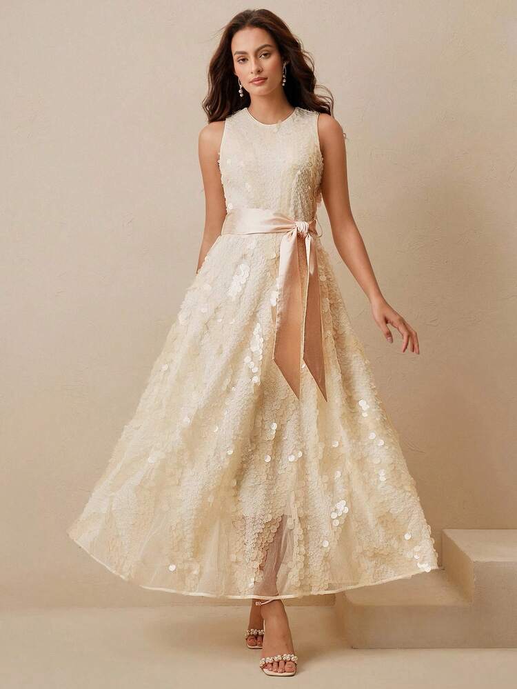 Elegant & Charming Cinched Waist Waist Sleeveless Tank Top With Flared Sequins-Embellished Textured Dress For Women