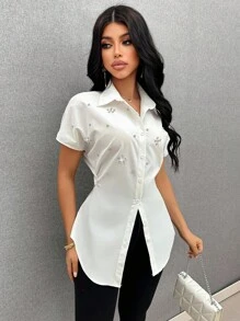 Vavine Women's Elegant Rhinestone Decoration Cinched Waist Blouse, Summer