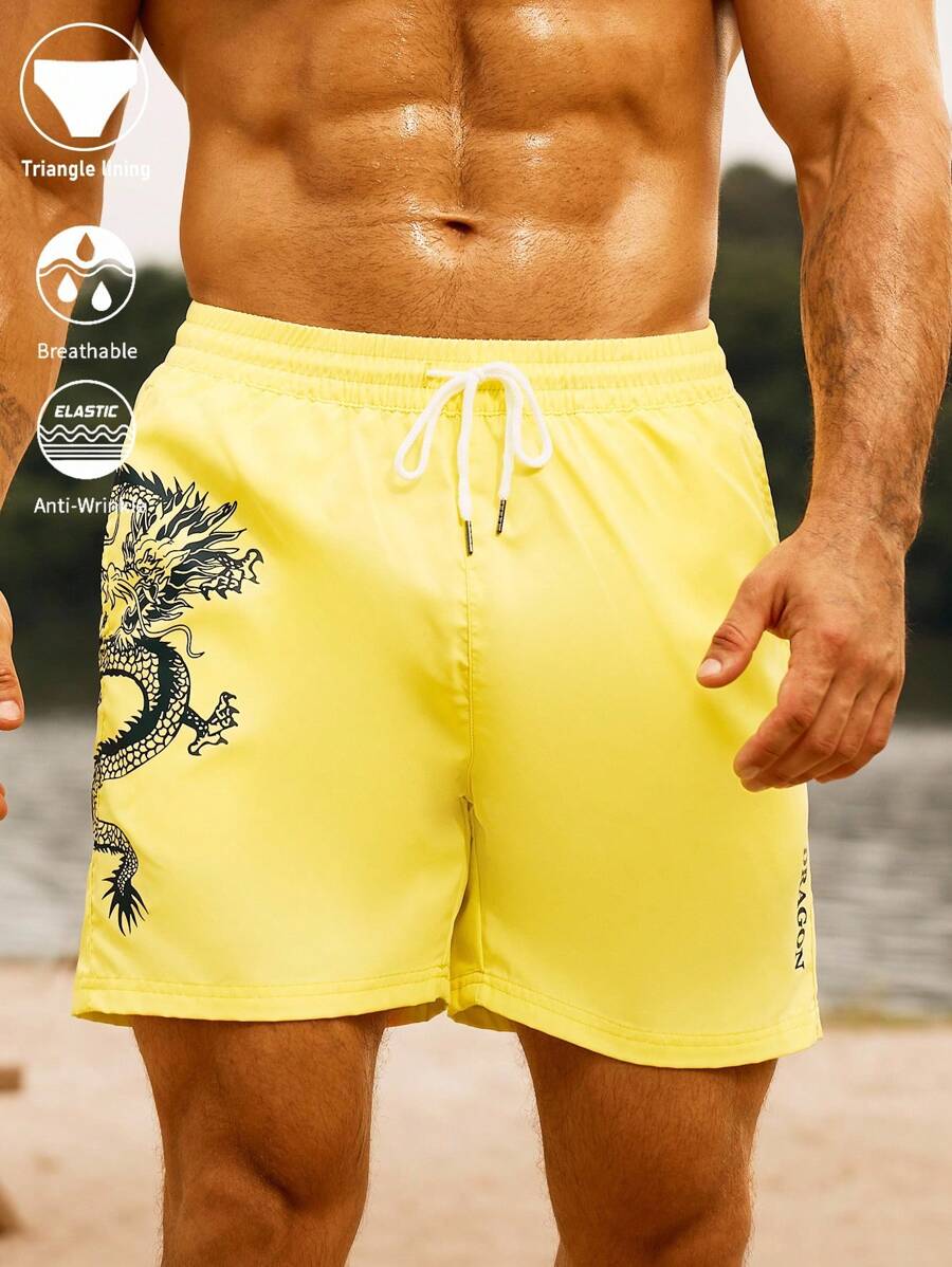 Surfspeed Men's Summer Chinese Dragon Print Drawstring Waist Beach Shorts - Yellow - View 1