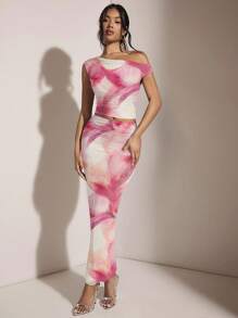 SHEIN BAE 女士不对称领口不对称褶皱紧身两件套，适合夏季/粉色两件套/海滩度假套装/生日派对套装/海岛度假套装