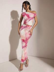 SHEIN BAE 女士不对称领口不对称褶皱紧身两件套，适合夏季/粉色两件套/海滩度假套装/生日派对套装/海岛度假套装