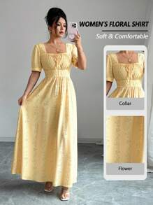 Elenzga 女士优雅夏季印花长裙 - 黃色 - 查看 1