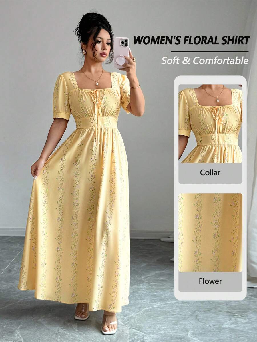 Elenzga 女士优雅夏季印花长裙 - 黃色 - 查看 1