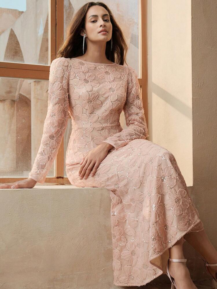 Floral Sequin Embroidery Pink Long Sleeve Mermaid Hem Evening Dress