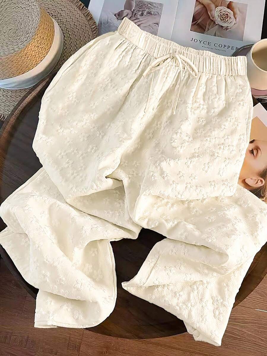 SHEIN LUNE 大码女式高腰宽松裤，优雅刺绣纹理，前系带，休闲日常穿着，简约休闲时尚，夏季，女性度假，女性海滩，波西米亚风格，春夏 - 杏色 - 查看 1