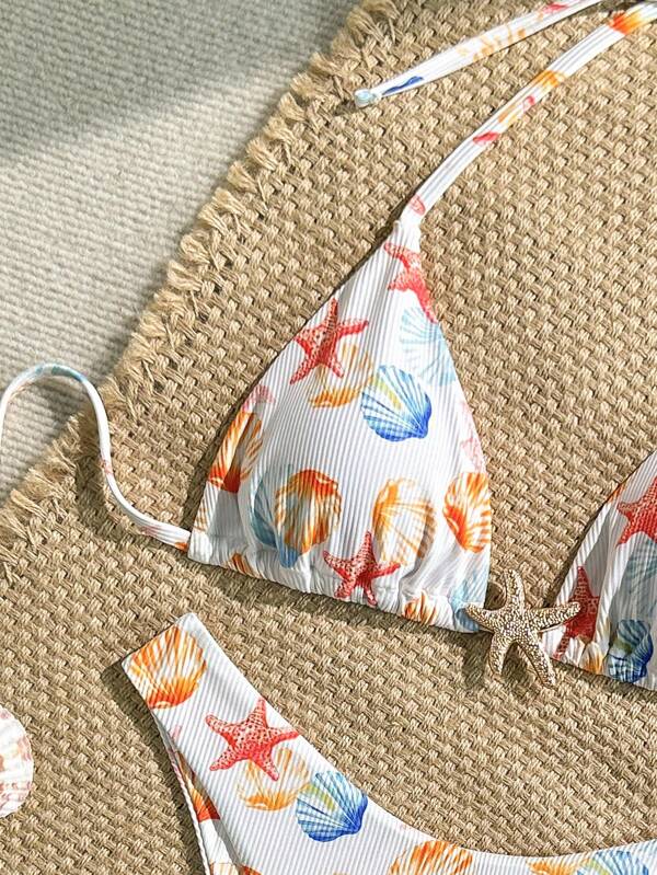 Swim Mod 2 buc/set vară plajă vacanță model aleatoriu ondulat material texturat stea de mare aurie decor sutien halter top și slipul de bikini decolteu înalt costum de baie sexy