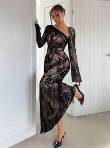 Siren Gaze Women Asymmetrical Mesh Black Bodycon Dress, Bare Shoulder, Pleated Waist, A-Line Hem, Holiday Dress, French Camisole Dress, Black Long Sleeve Dress Black Lace Dress See Through Dress Long Sleeve Midi Dress Elegant Evening Dress,Fall Dresses For Women Winter Party Evening Dress