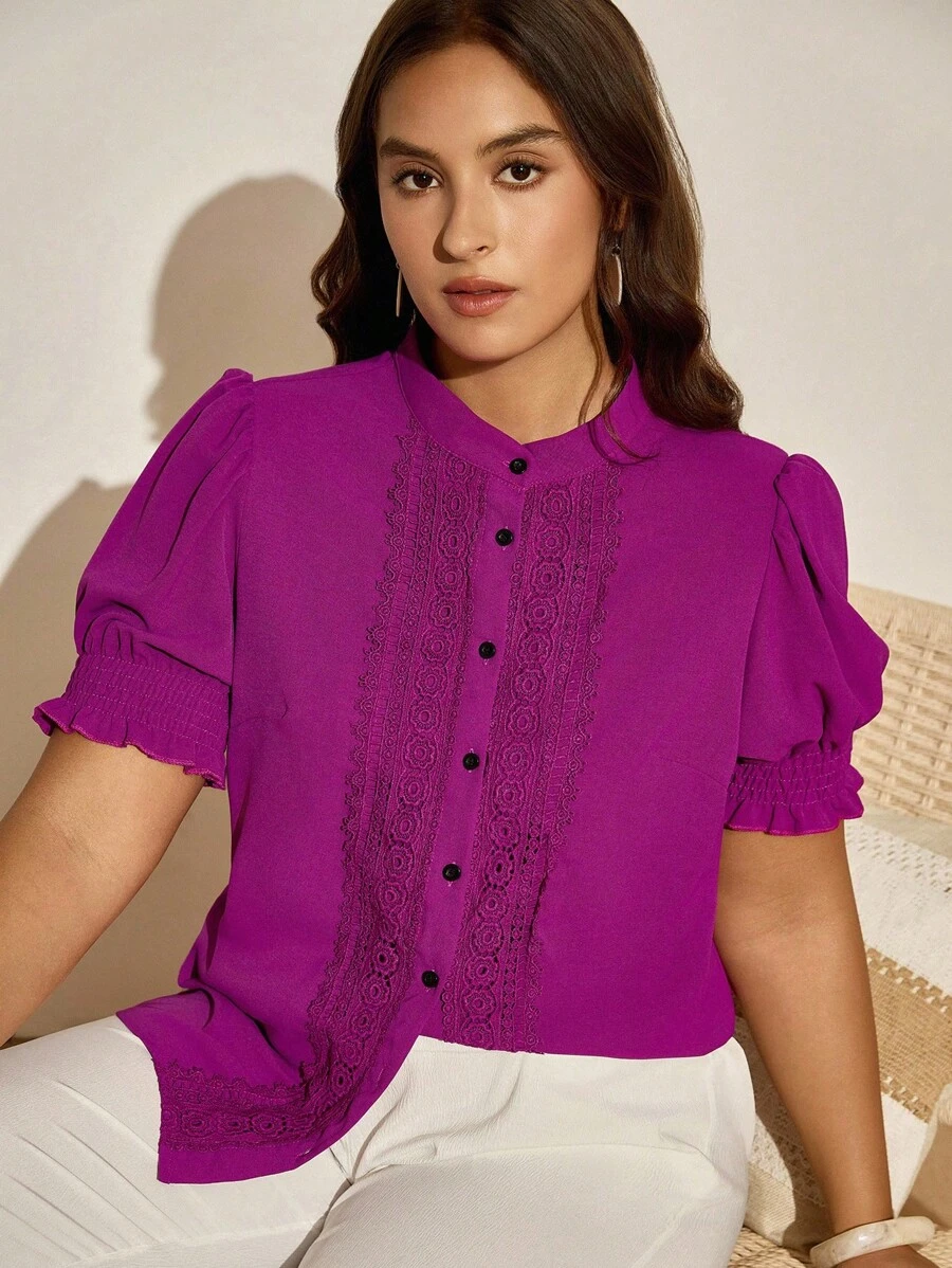 Nubod Plus Size Women's Puff Sleeve Stand Collar Shirt - Multicolor - View 1
