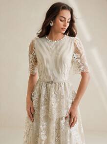 Anewsta 优雅高端圆领蕾丝钻石腰带可调节束腰夏季长裙高品质优雅女士 - 杏色 - 查看 4