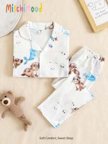 男童可爱卡通印花阻燃睡衣、长袖开衫和裤子舒适家居服套装 - 彩色 - 查看 4