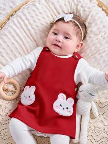 SHEIN Bộ đồ liền thân dài tay và váy họa tiết hoạt hình dễ thương cho bé gái sơ sinh - Đỏ - Xem 6