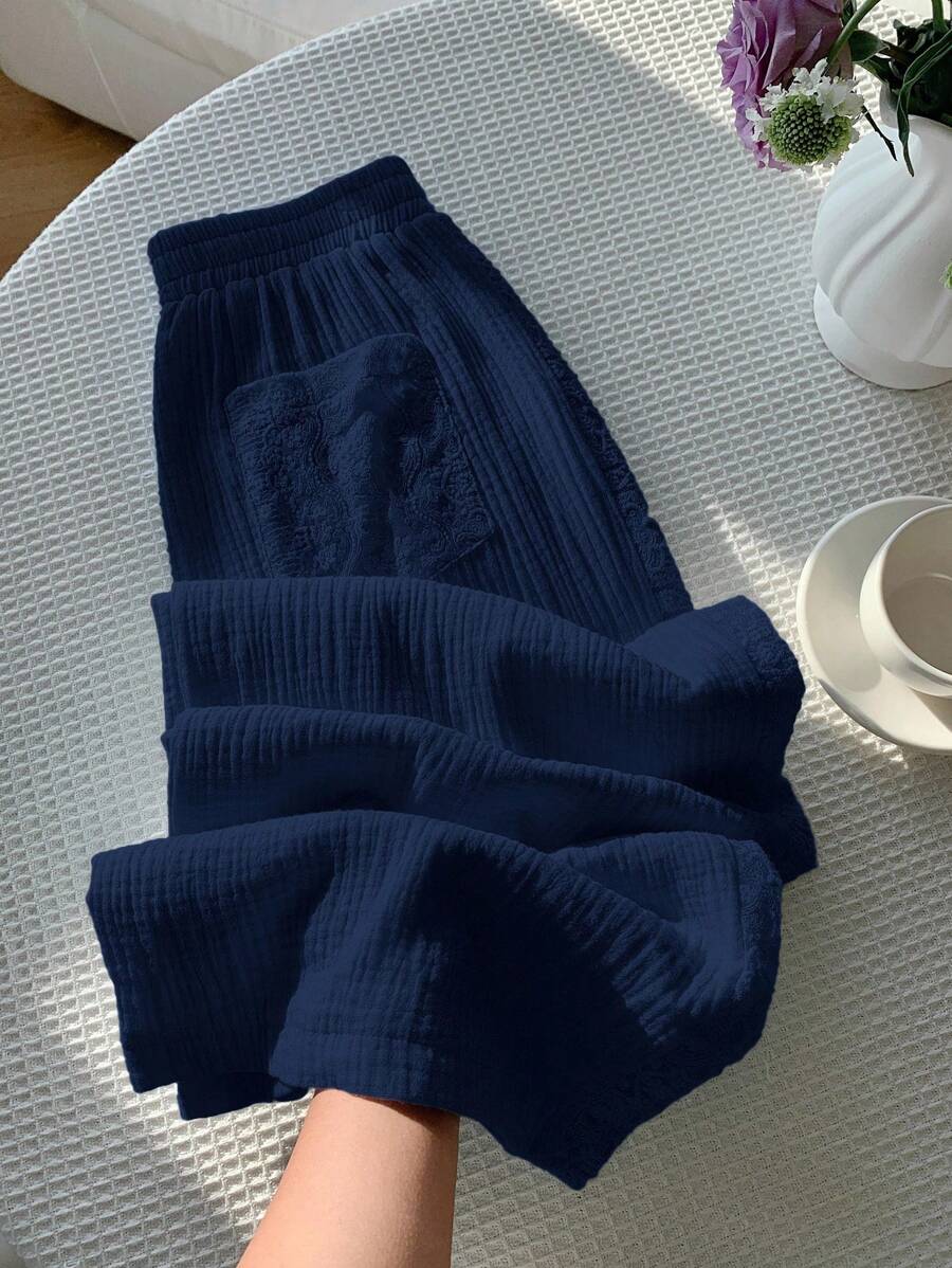 Comfortcana Quần ống rộng ren vá cỡ lớn màu xanh navy dành cho nữ - Màu xanh hải quân - Xem 1