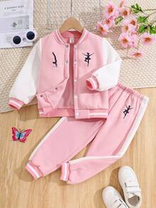 SHEIN Elladie kids Strój dla młodej dziewczyny, baleriny, z nadrukiem w bloki kolorów, z długim rękawem, kurtka i spodnie, swobodny strój na jesień/zimę - Wielokolorowe - Zobacz 3