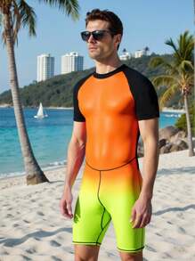 Manfinity Swimmode Men's Summer Holiday Beach Ombre Raglan Sleeve One-Piece Swimsuit