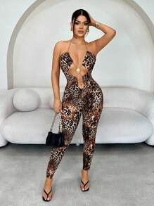 SHEIN SXY Bộ đồ liền thân in họa tiết da báo và xích kim loại rỗng gợi cảm - Nhiều màu - Xem 6