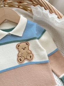 SHEIN 男婴可爱拼色卡通印花马球领长袖毛衣连体衣，秋装