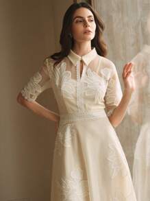 Anewsta 女士衬衫领镂空花卉蕾丝格子连衣裙，情人节，夏季海滩度假，新年装，春季，约会之夜 - 杏色 - 查看 4