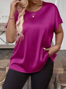 Breezaya Plus Size Summer Elegant Simple Round Neck Short Sleeve Shirt - Red Violet - View 3