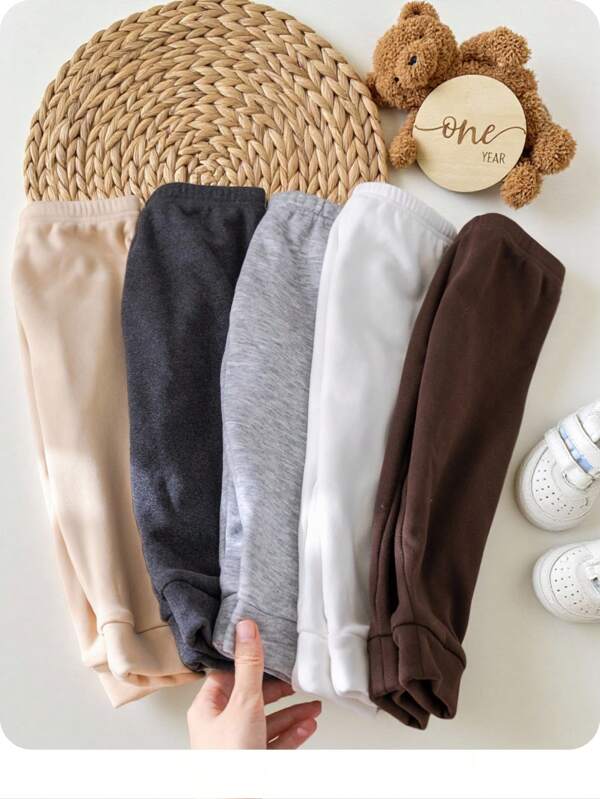 5pcs/Pack Baby Boys/Girls Solid Color Fleece Leggings, Elastic, Warm, Soft, Casual, All-Match, Suitable For Spring/Autumn/Winter, Indoors & Outdoors