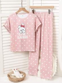 Genkimix Kids 2pcs Cute Rabbit Polka Dot Print Short Sleeve Shorts Casual Sleepwear Set For Tween Girls - Pink - View 5