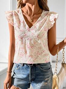 SHEIN Clasi Blusa de mujer talla grande con cuello en V, bordado y estampado, manga corta, atuendos de verano para mujer, atuendos de vacaciones para mujer, ropa de verano para mujer, blusas para salir, blusas de verano lindas