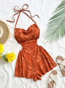 Soleia 女士度假露背系带镂空腰部宽松连体衣，波西米亚风，浪漫花卉，度假风 - 棕色 - 查看 7