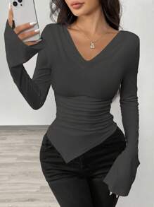 Zielony 垂坠领口露肩不对称下摆针织 T 恤