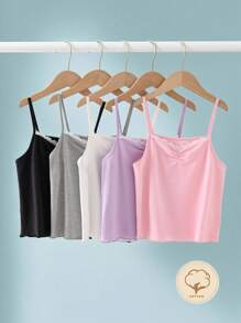 青少年女孩 5 件套可追溯材质内衣吊带背心套装，包括灰色、白色、浅紫色、浅粉色、黑色和深紫色，配有细肩带和领口蕾丝装饰，整体休闲风格适合日常穿着返校时尚