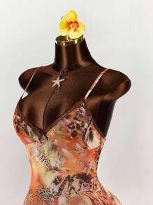 Amplova 复古豹纹蕾丝拼布细肩带层叠荷叶边下摆迷你连衣裙 - 橘色 - 查看 5