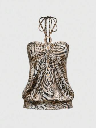 Hippie Y2K Hippie Leopard Print Gold Foil Inverted Triangle Halter Tank Top