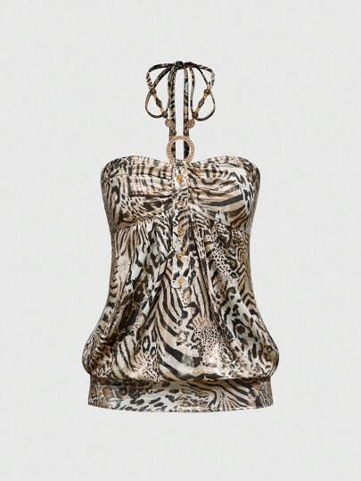 Blusa con escote de halter, estampado animal y lámina dorada, talla grande, estilo Y2K hippie