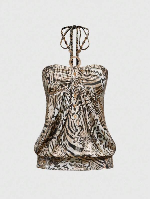 ROMWE Hippie Y2K Hippie Leopard Print Gold Foil Inverted Triangle Halter Tank Top