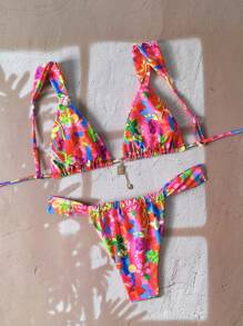 Swim Mod Women Fashion Random Print Spaghetti Strap Metal Decor Sexy Bikini Set, Bathing Suit For Summer Beach Vacation