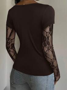 CovetEZ Women Casual Coffee Brown Knit Lace Patchwork Long Sleeve Top, Summer - Coffee Brown - View 2