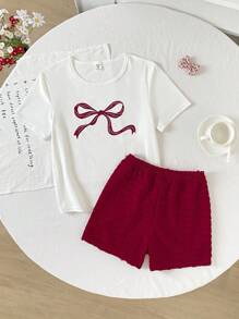 Set da due pezzi per ragazze pre-adolescenti, composto da top a maniche corte con stampa a fiocco in jacquard avorio e pantaloncini a righe in maglia, adatto per il ritorno a scuola - Multicolore - Visualizzare 8