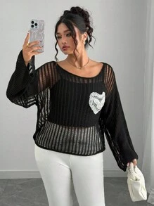 Elenzga Suéter feminino plus size com bolso vazado e manga comprida, versátil e sensual, primavera/outono